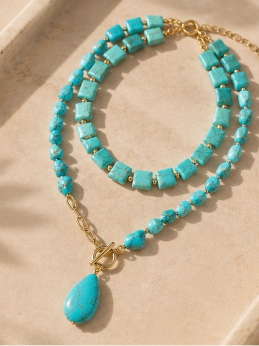 Turquoise Stone Layered Necklace with Gold Chain